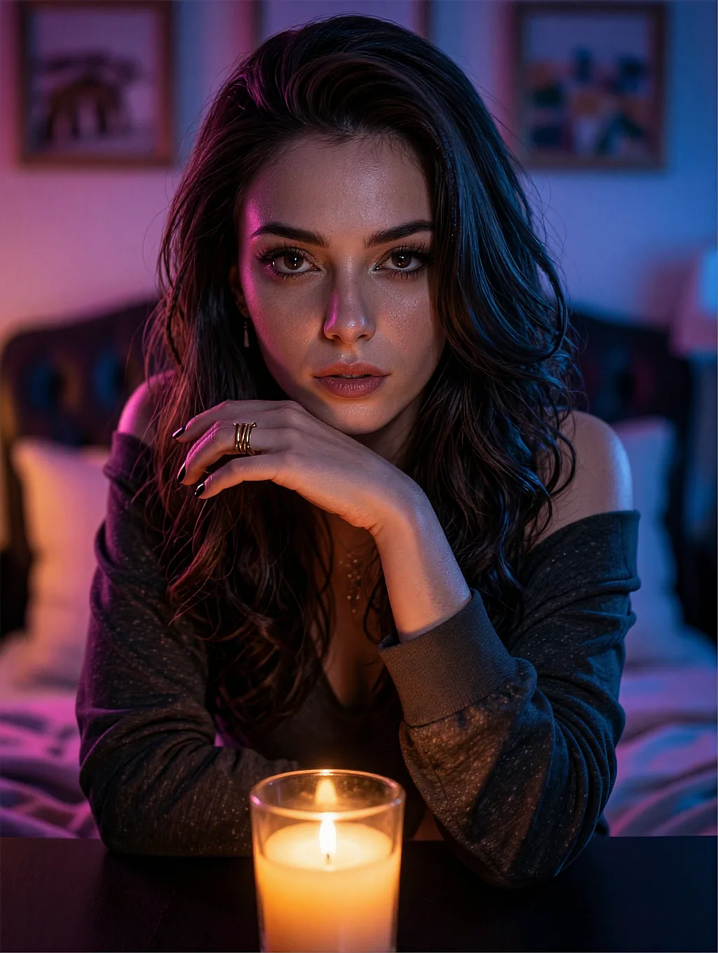 AI boudoir portrait lit by a single candle on the bedside, violet shadows