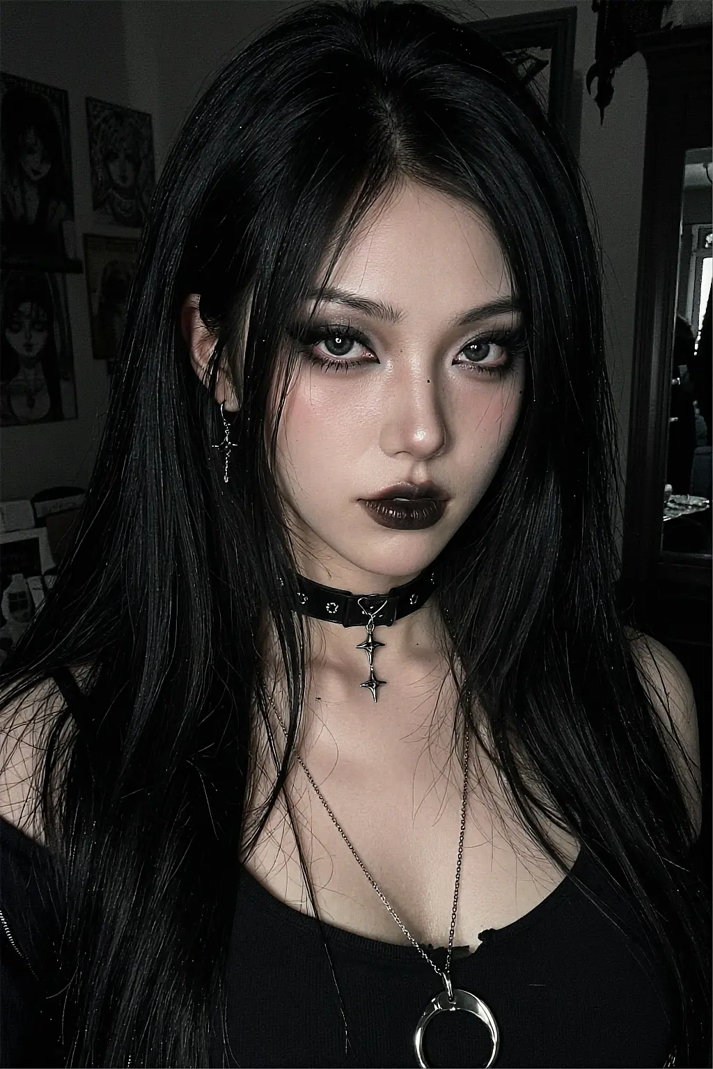 Goth AI portrait with black lipstick, a studded choker and a silver pendant