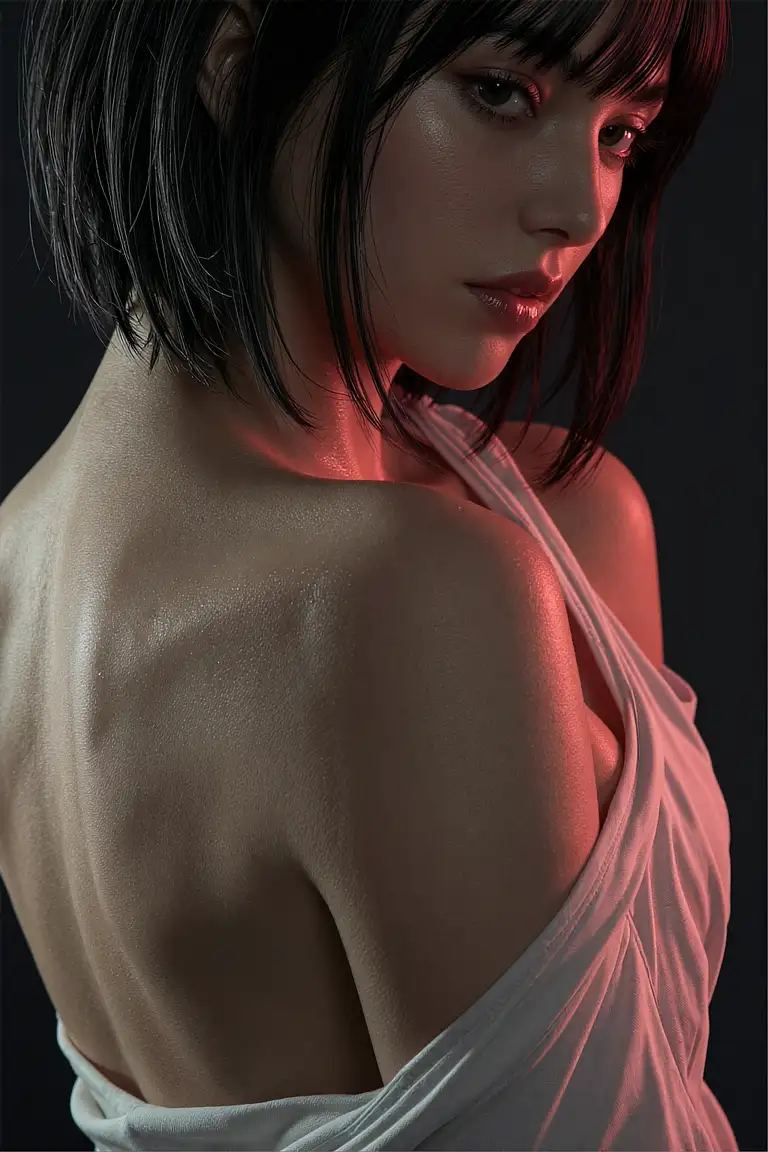 AI photo of a bare shoulder and a sheer white slip, pink light from behind