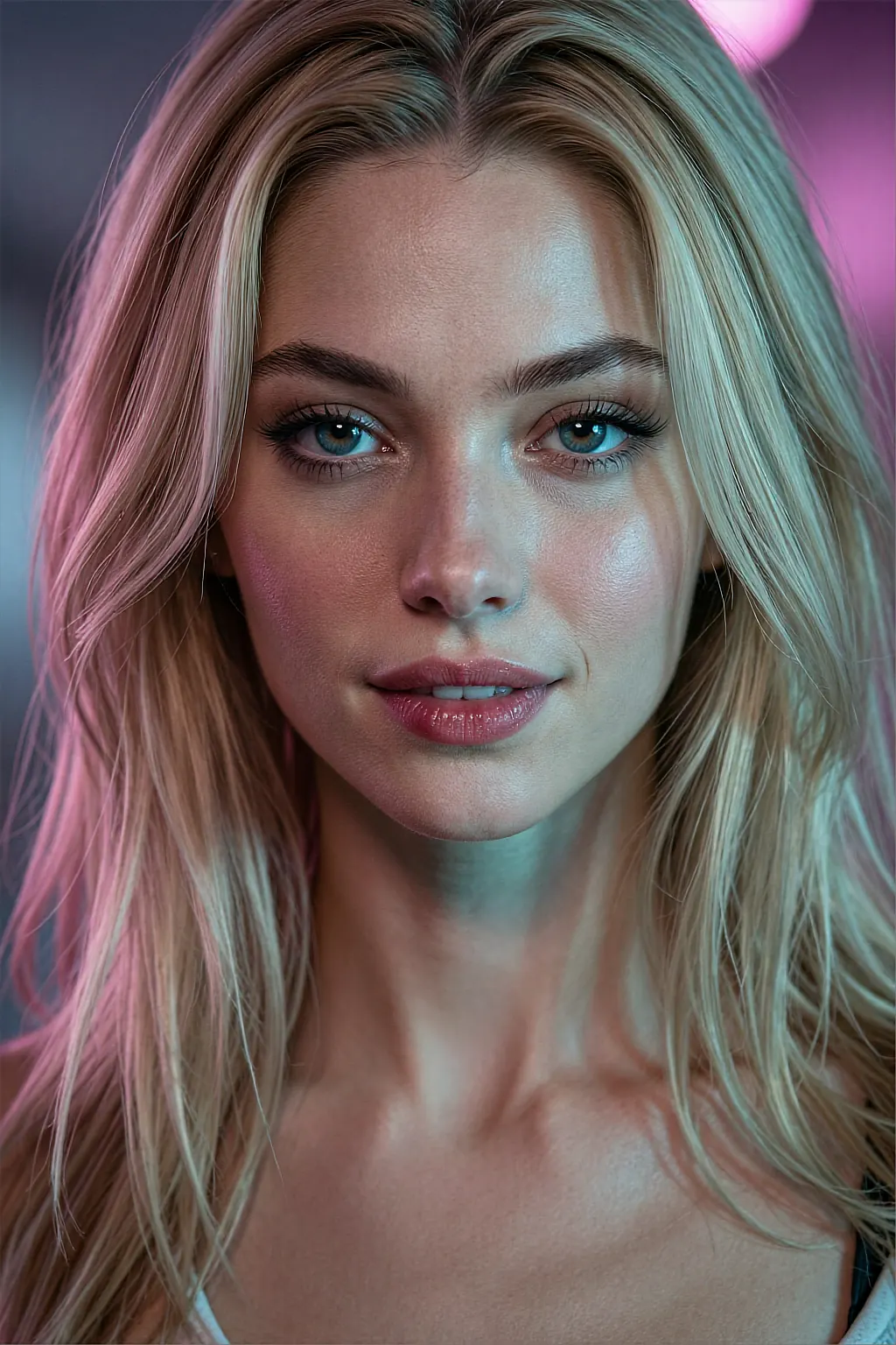 AI portrait of a long-haired blonde with a slight smile and pink bokeh