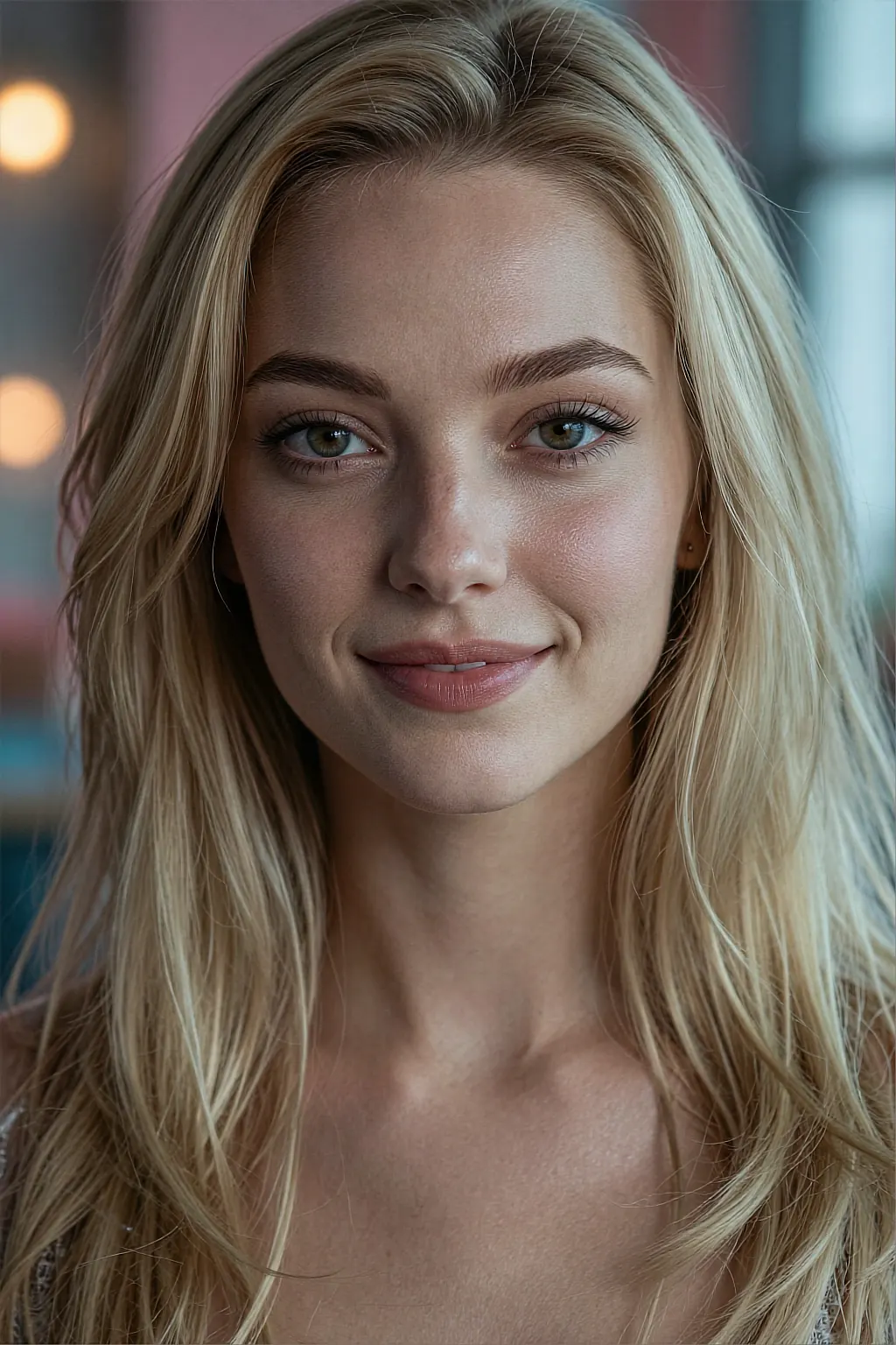 AI portrait of a blonde in soft, even daylight with a relaxed smile
