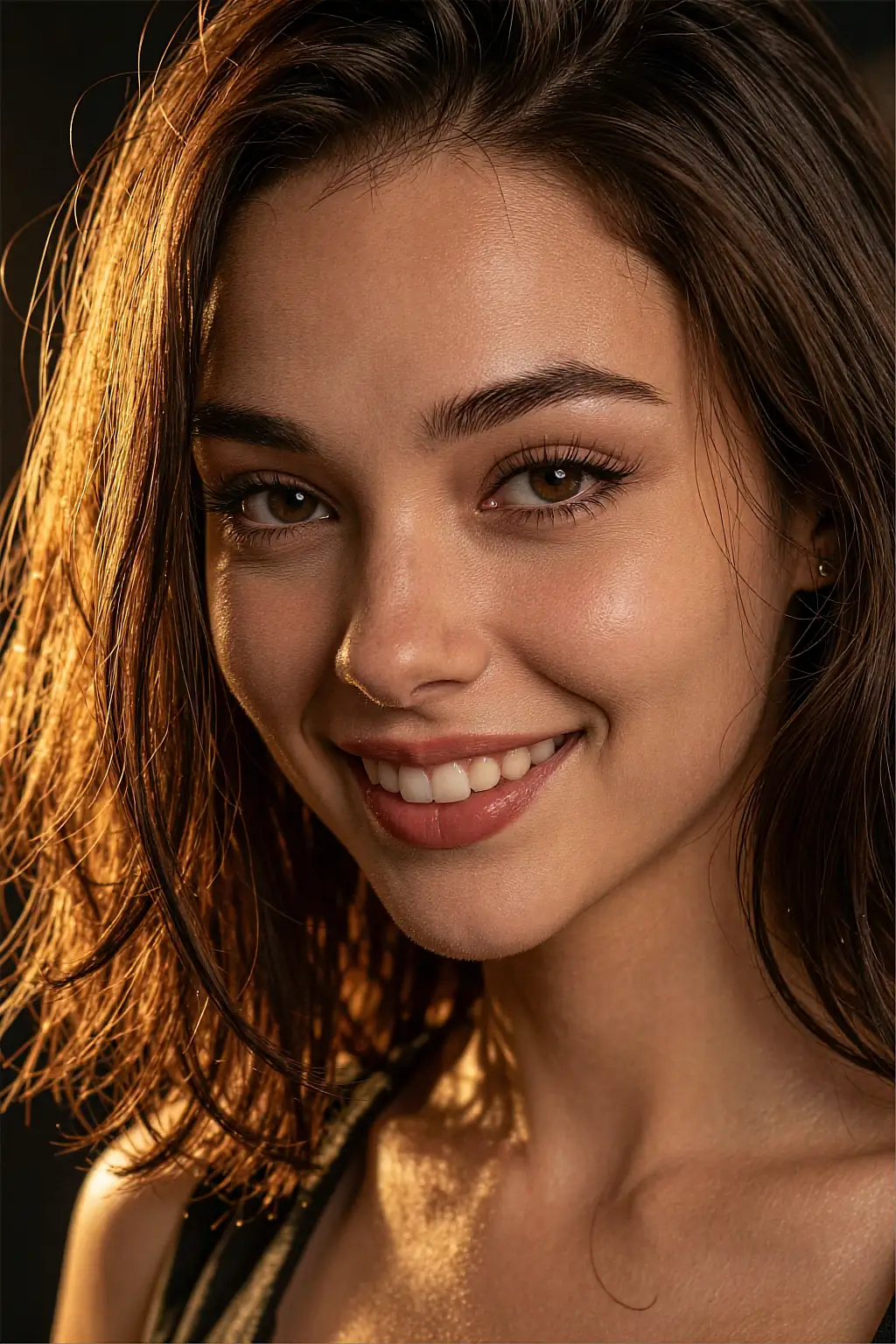 AI portrait of a brunette with a wide smile in warm golden light