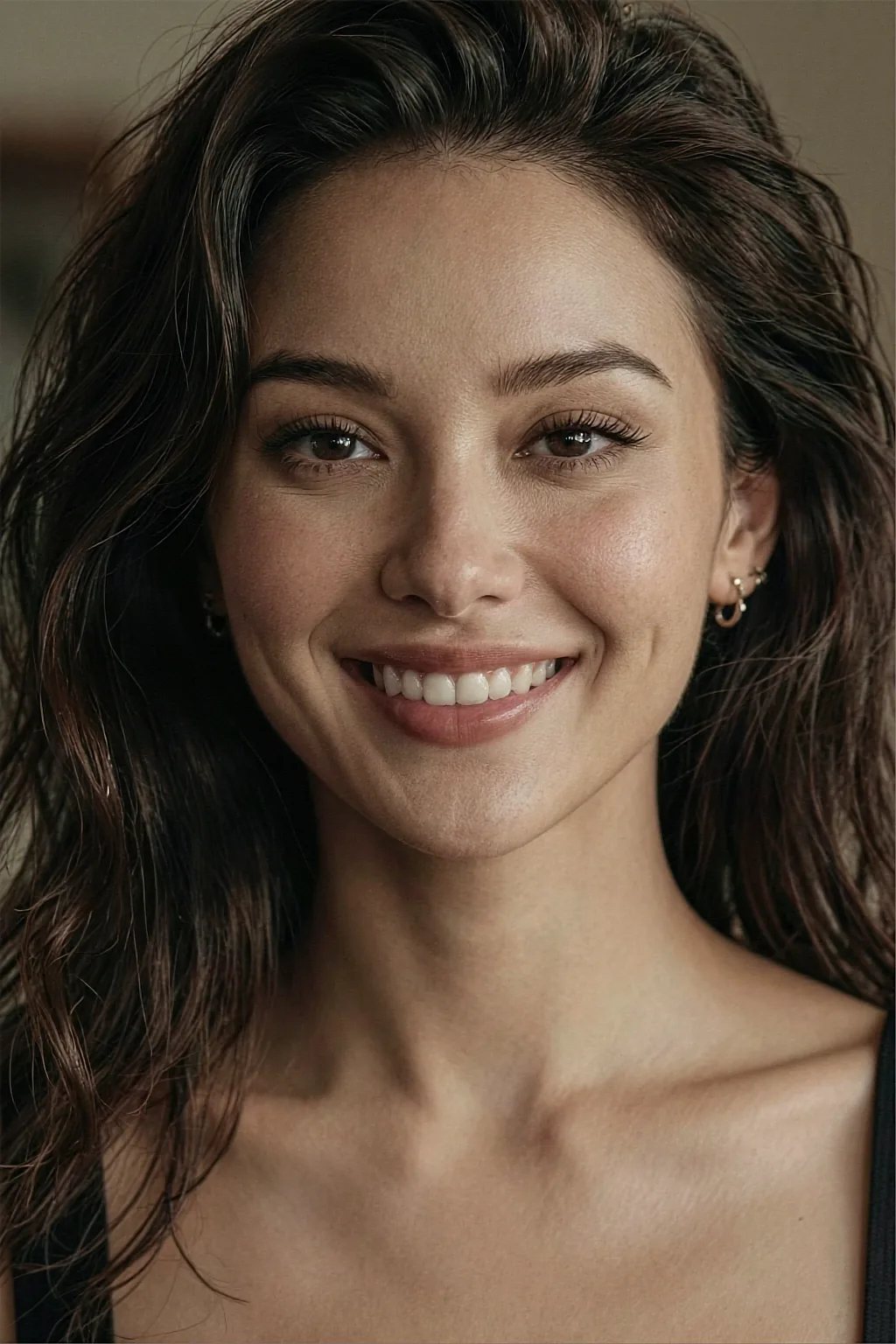 AI portrait of a woman with dark waves and a bright open smile