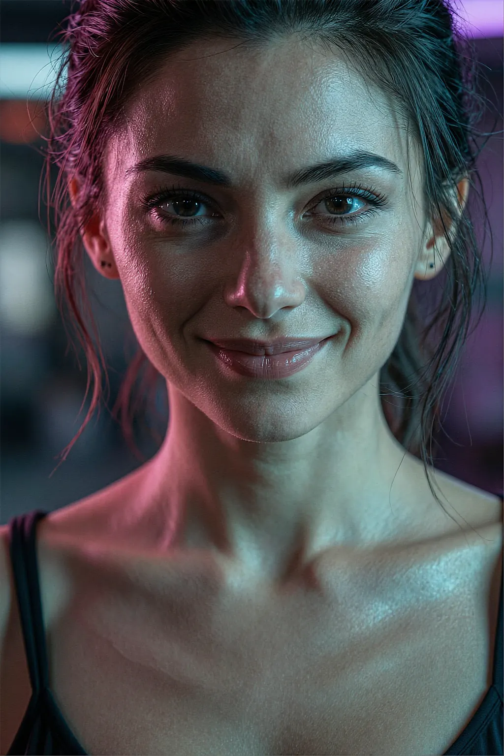 AI portrait of a freckled woman smiling, hair tied back, pink neon behind