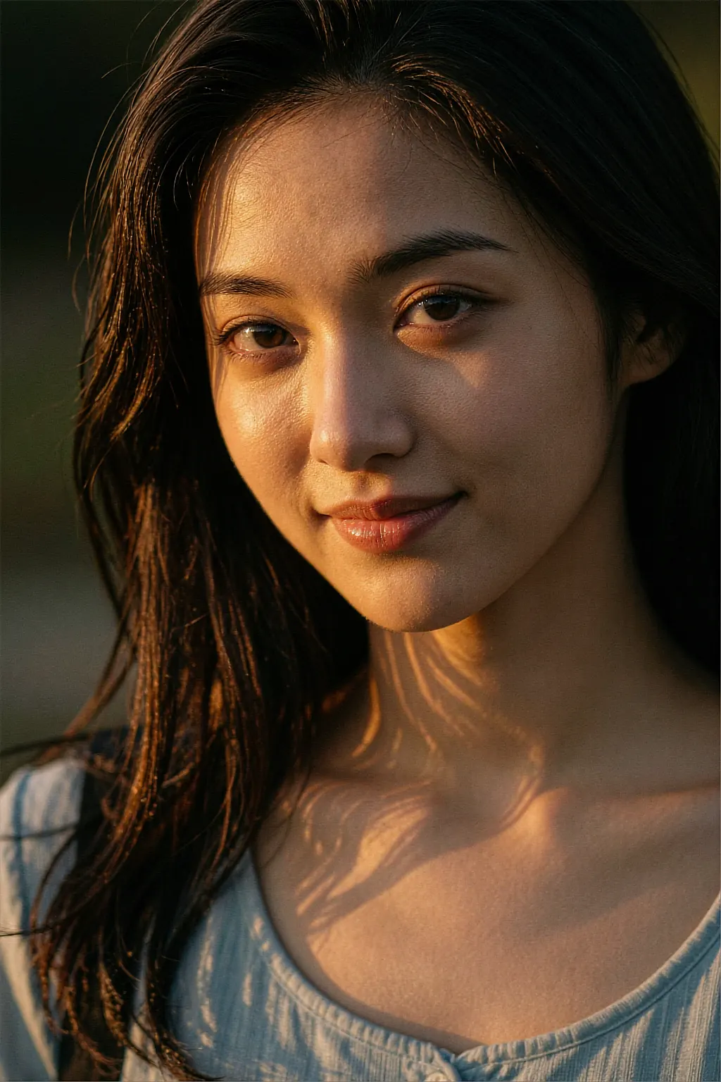 AI portrait of a woman with long dark hair in low golden window light