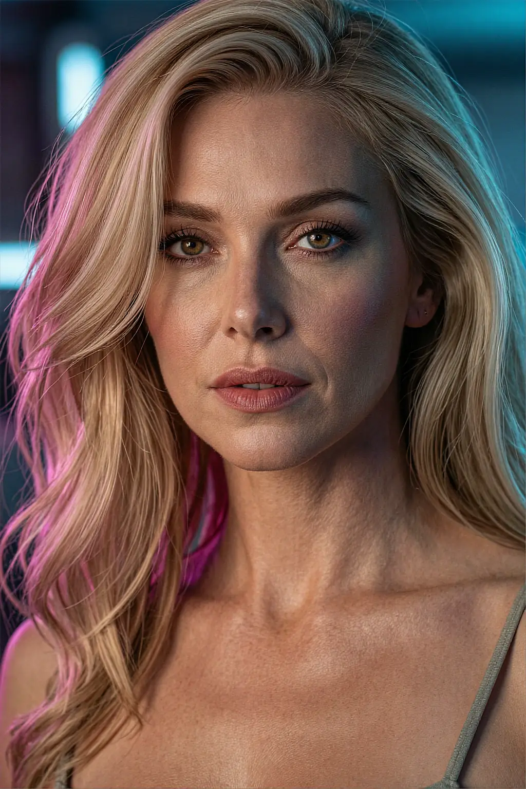 AI portrait of a mature blonde woman with pink streaks and a calm gaze