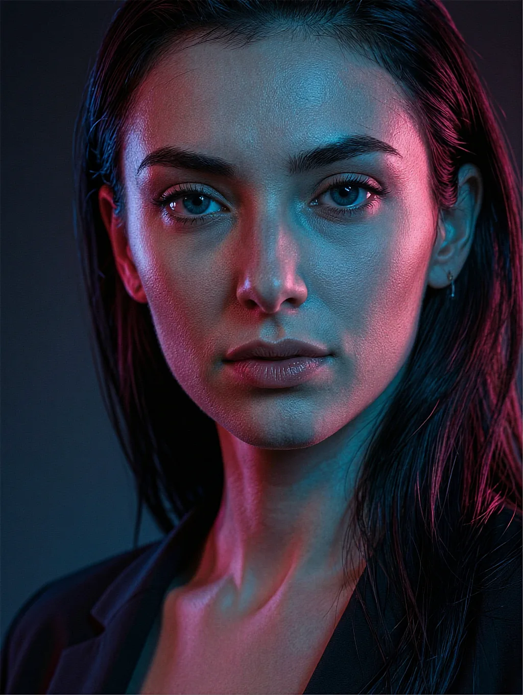 AI headshot of a dark-haired woman in a blazer lit by red and blue neon