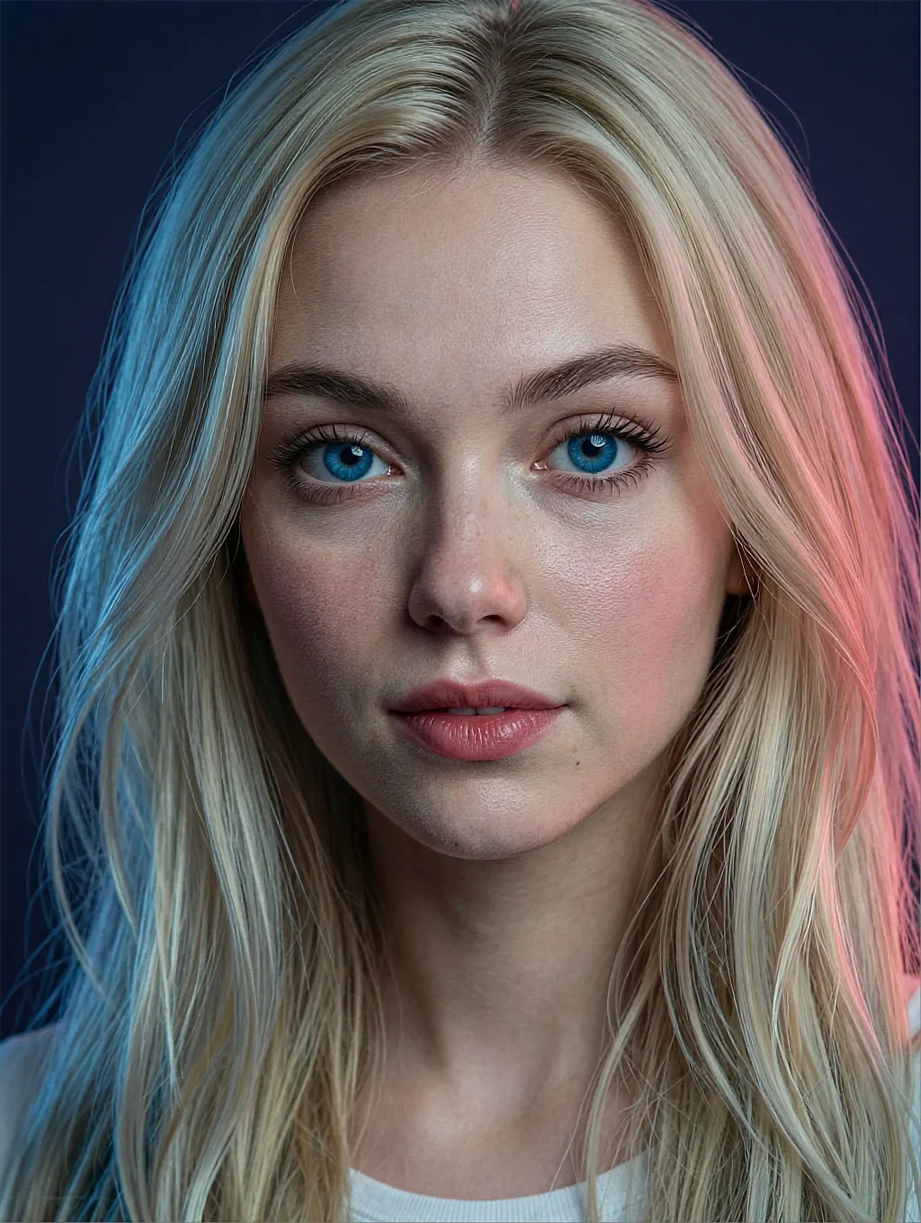 AI headshot of a platinum blonde with blue eyes against a deep navy background