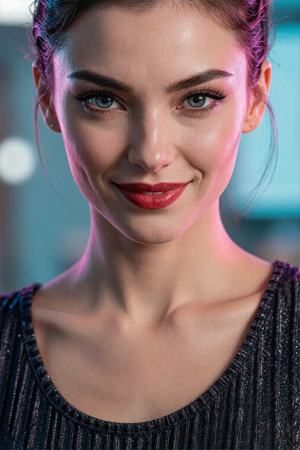 AI portrait with red lipstick and a knowing smile, cool blue bokeh behind