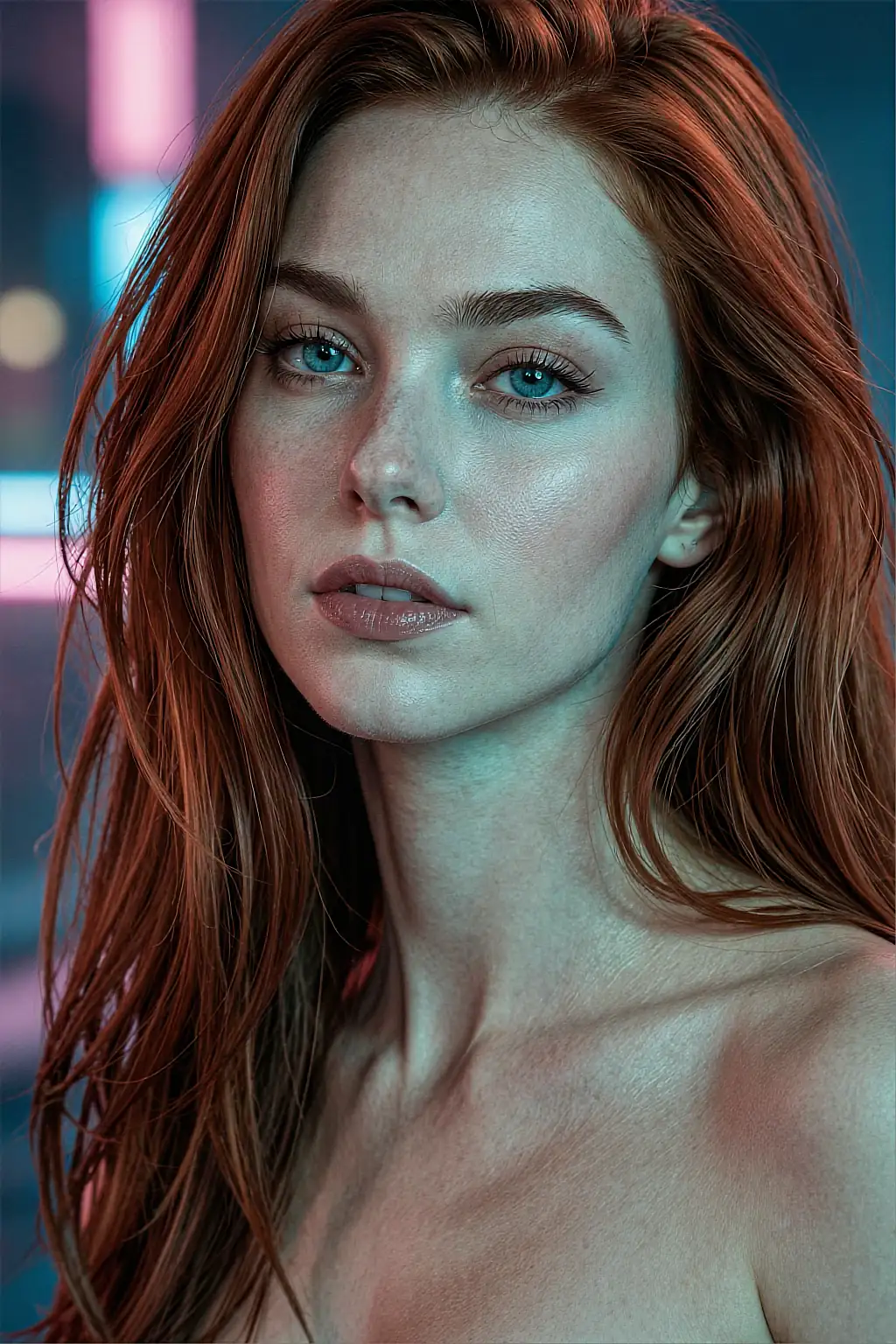 AI portrait of a redhead with long straight hair against blurred neon signs