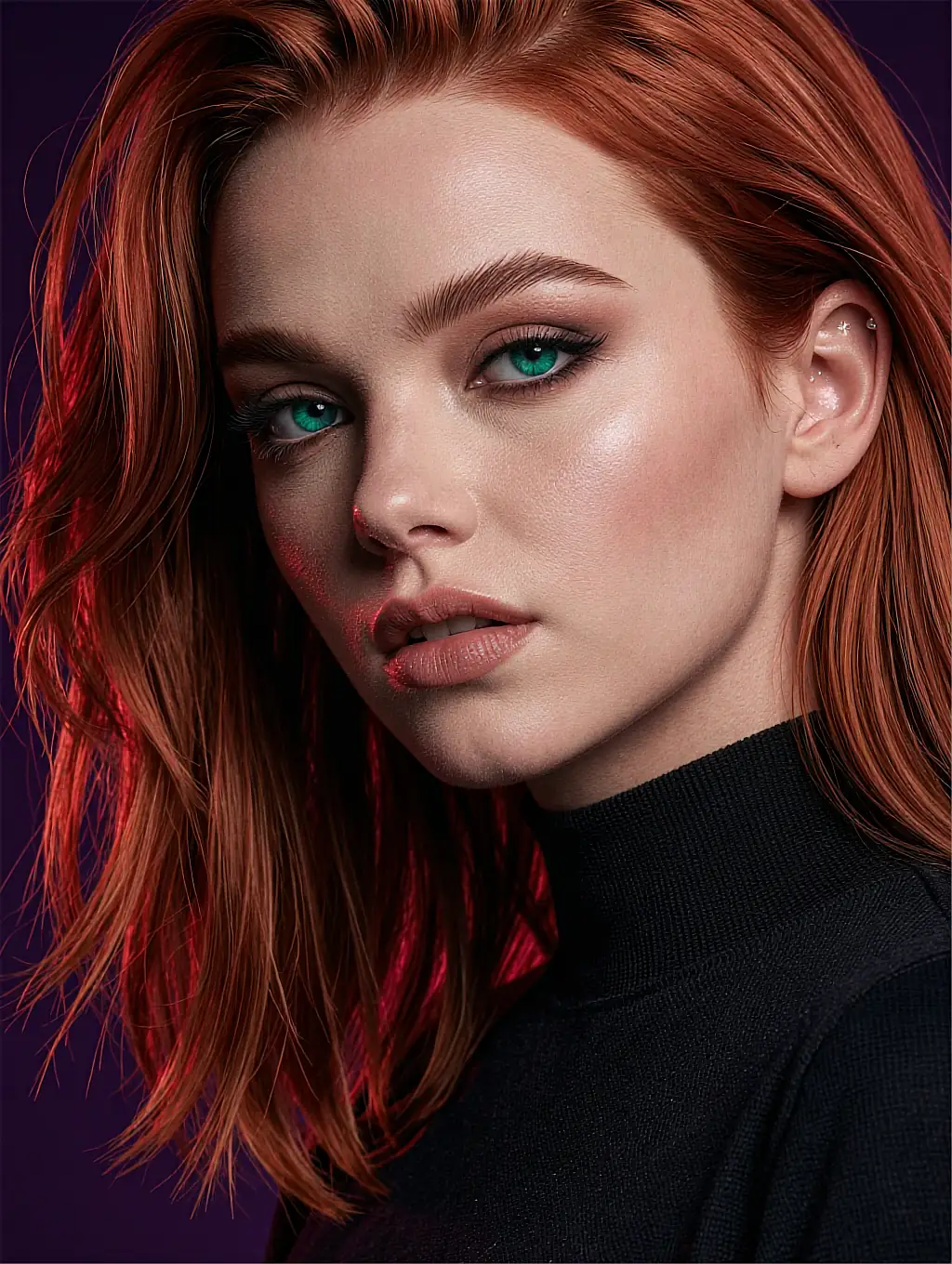 AI portrait of a copper-haired woman in a black turtleneck, green eyes to camera