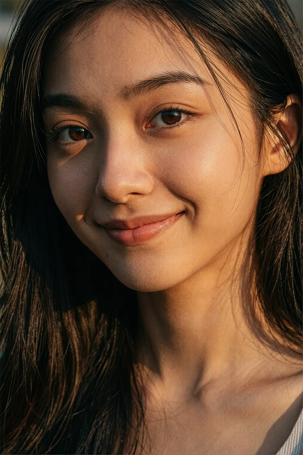 AI portrait of a woman with long dark hair and a soft closed-lip smile