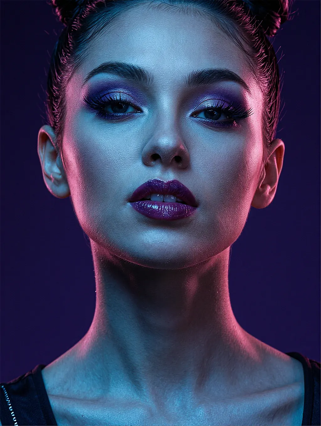 AI beauty portrait with violet eyeshadow and plum lips in blue studio light