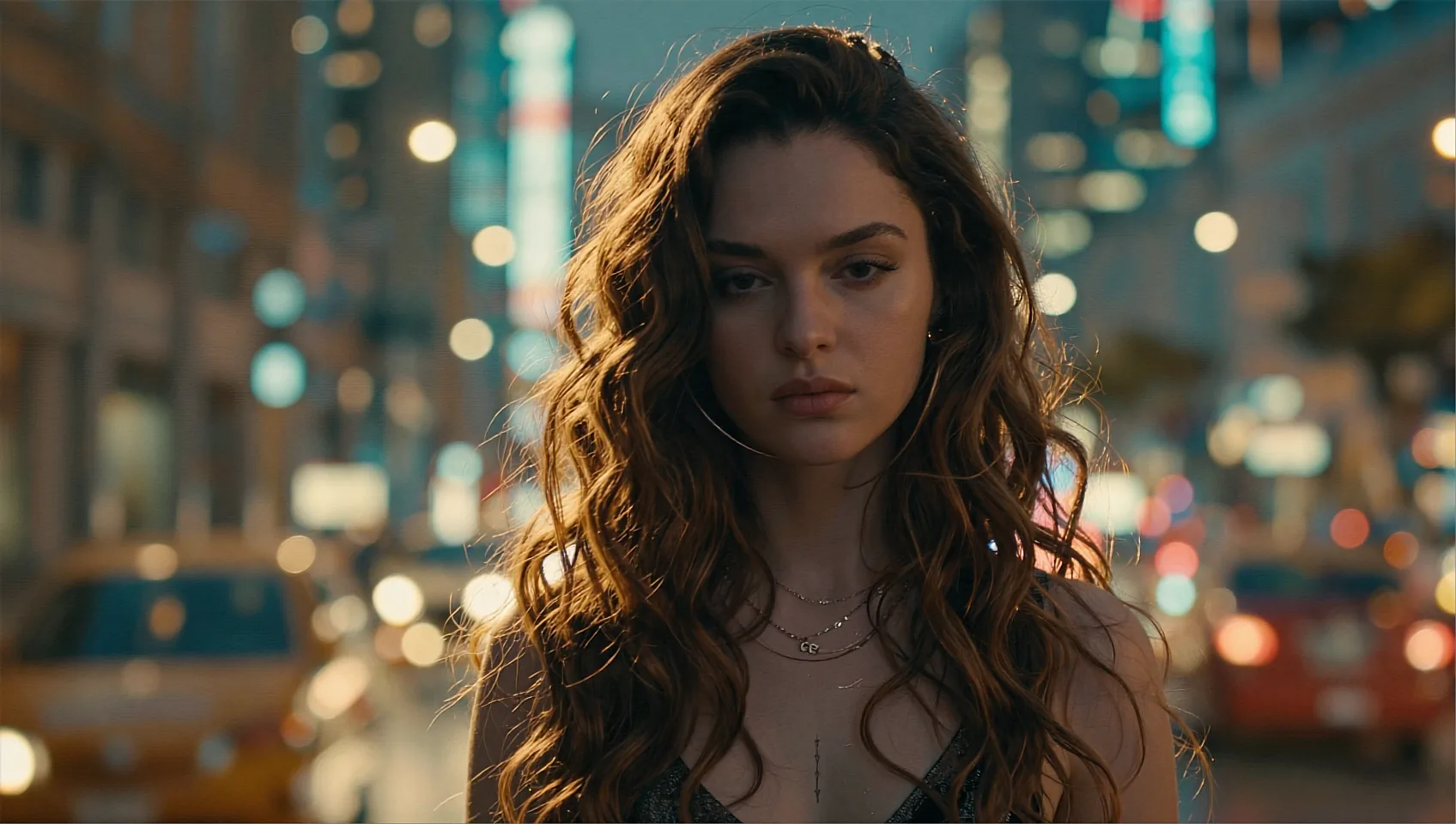 Wide AI street scene, long curls framed by city lights melting into bokeh