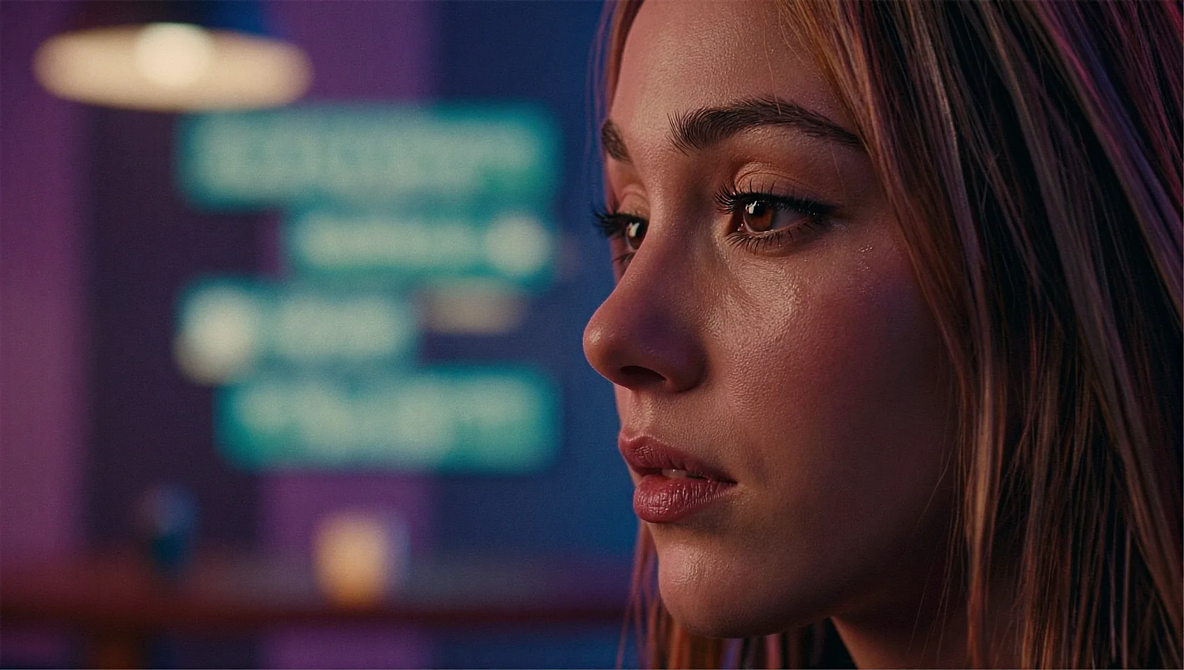 Wide AI scene, side profile of a woman beside a blurred neon sign