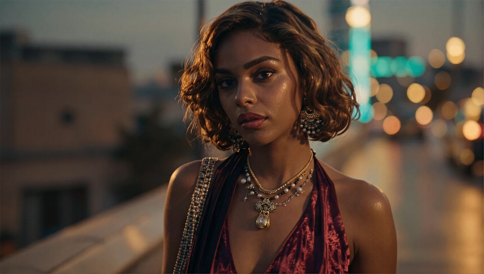 Wide AI scene of a woman with short curls and layered jewellery on a rooftop at dusk